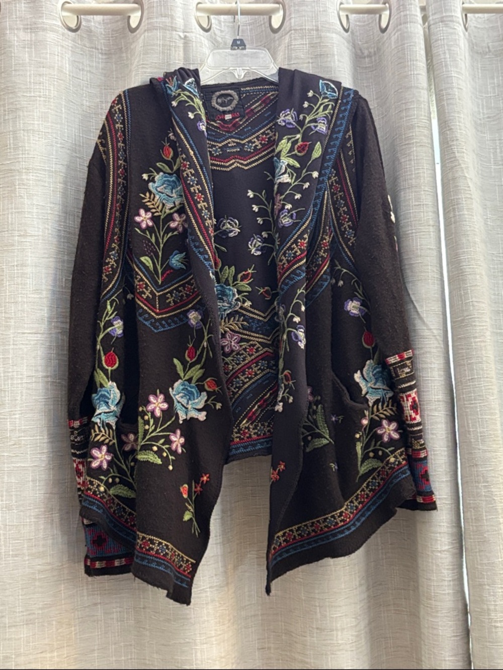 Johnny Was Black Hooded Open Cardigan with Multicolor Floral Embroidery